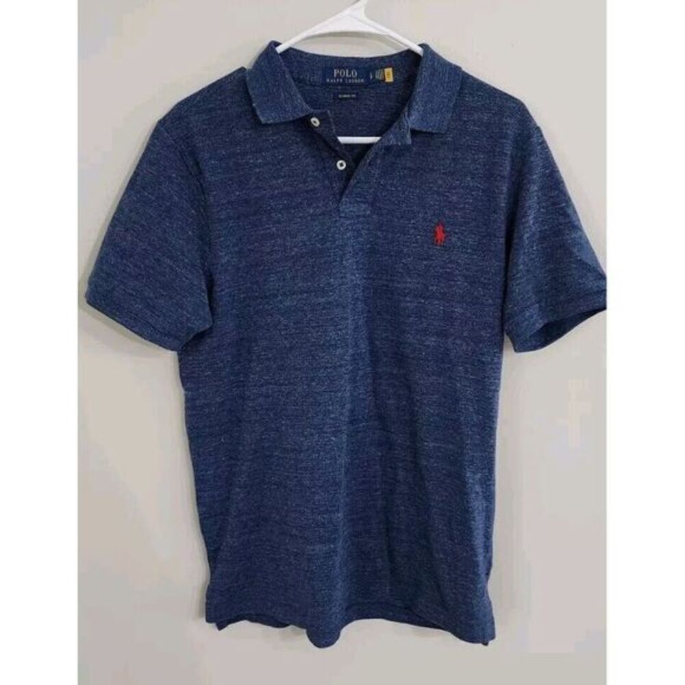 Polo Ralph Lauren Classic Cotton Mesh Polo Shirt Heathered Blue Red Logo Men's S